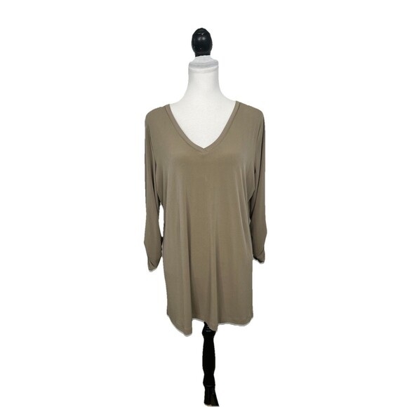 Susan Graver Liquid Knit Blouse Tunic Size L Taupe Tan Ruched 3/4 Sleeves Top - Picture 1 of 10